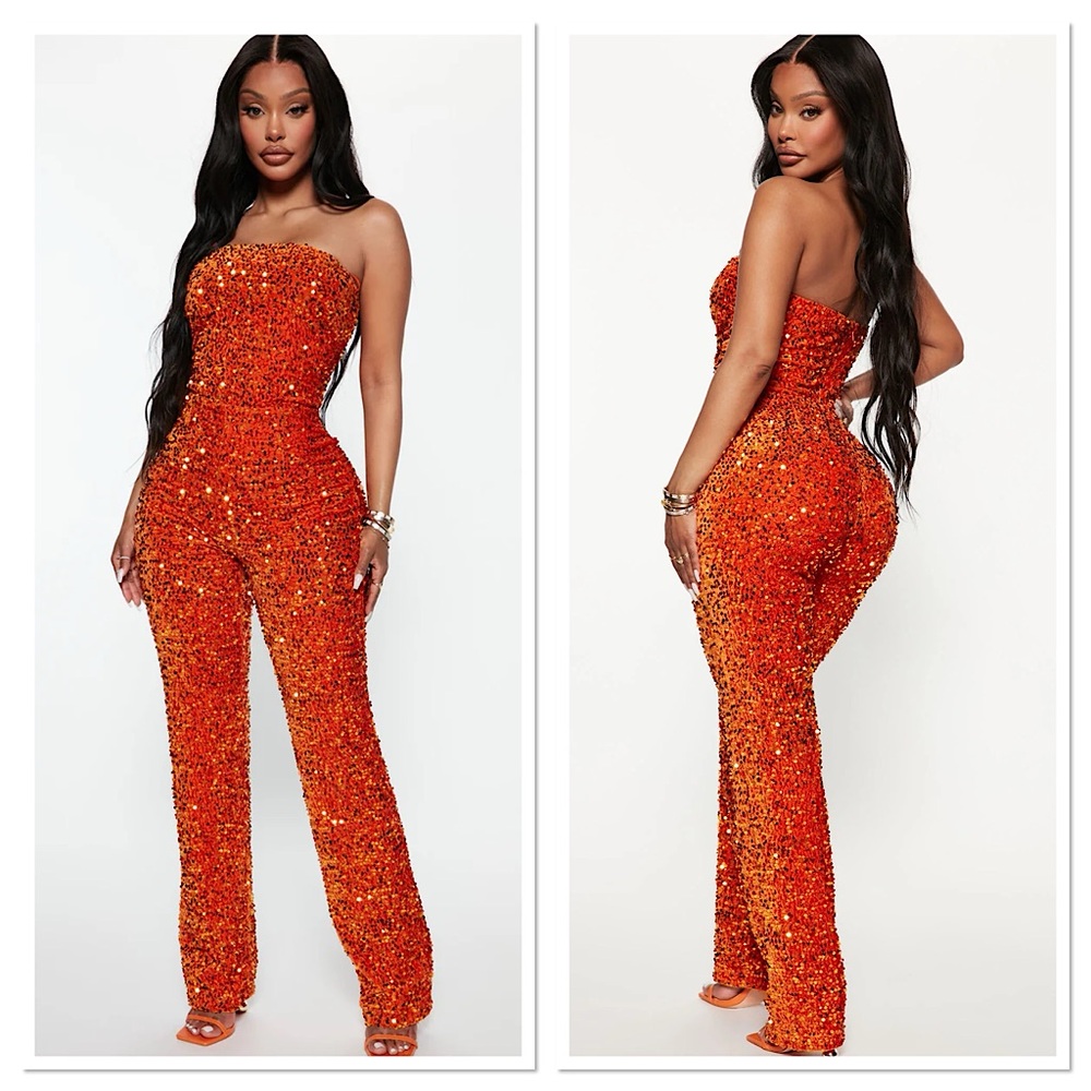 Fashion Nova Orange Sequin Jumpsuit